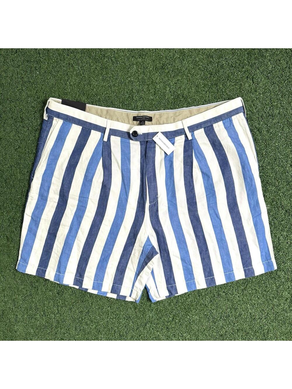 Banana Republic 7" Chino Shorts Linen Cotton Stripes W42 Riviera Club Preppy NWT